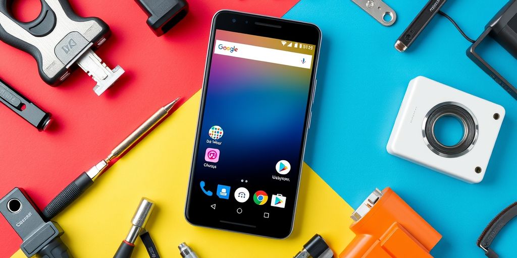 Custom Android phone with tools and components for building.