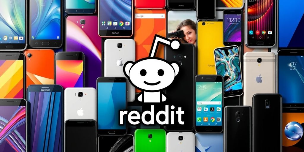 Collage of popular Android phones with Reddit logo.
