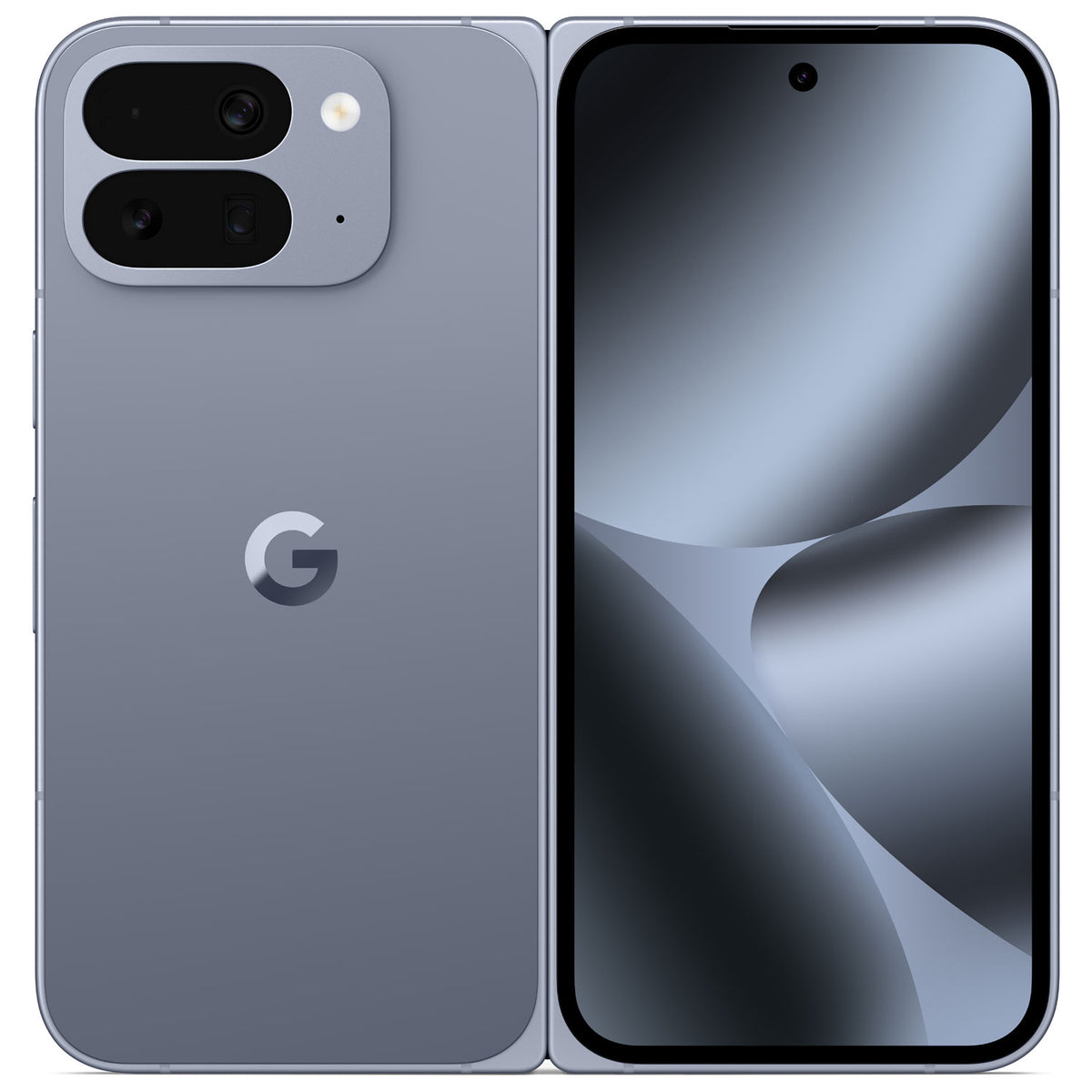 Google Pixel 10 Pro Fold in Moonstone, front and unfolded views