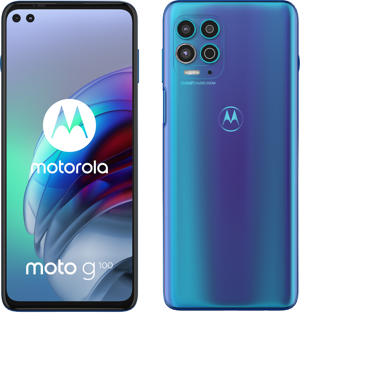 Representative Motorola Moto G100 front and back in blue