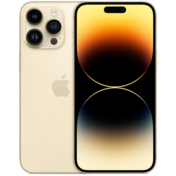 Apple iPhone 14 Pro Max in Gold, front and rear