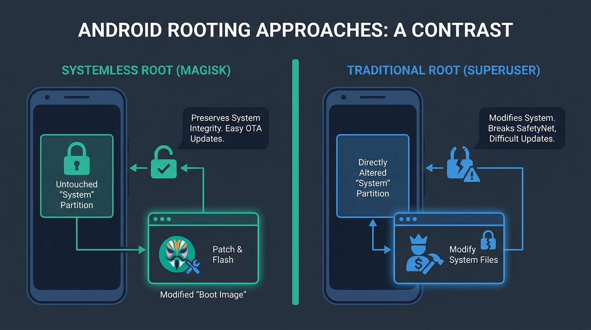 Diagram: systemless root patches the boot image while traditional root alters the system partition