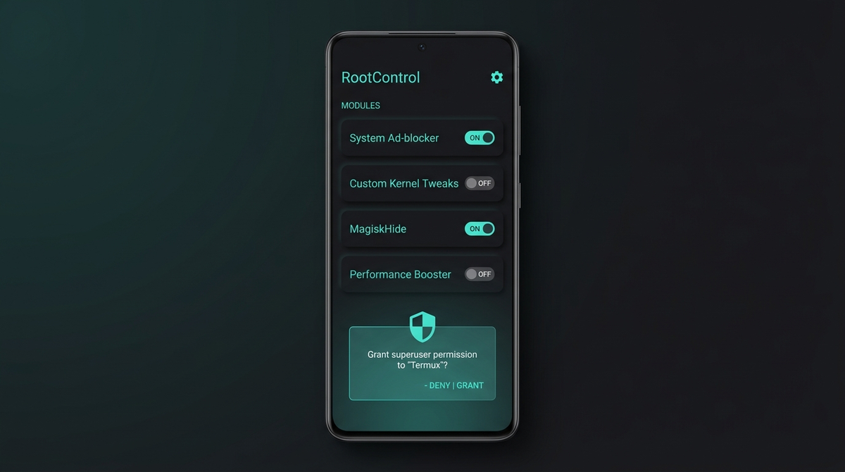 A root manager app showing toggleable modules and a superuser permission prompt