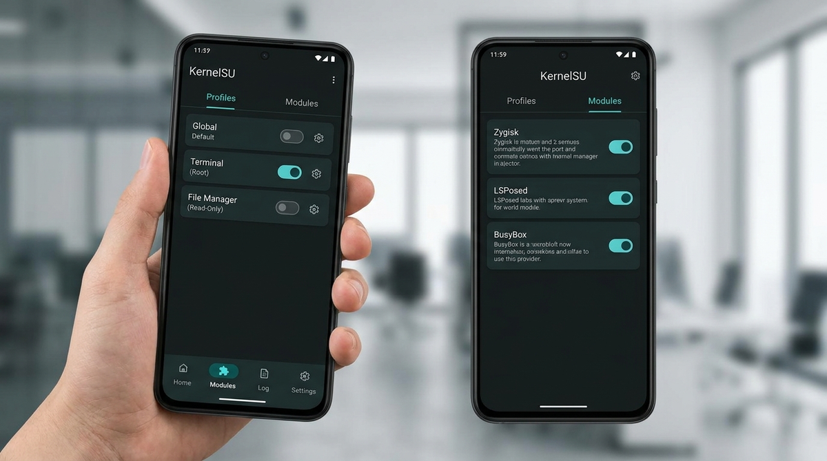 KernelSU app with per-app superuser profiles and modules