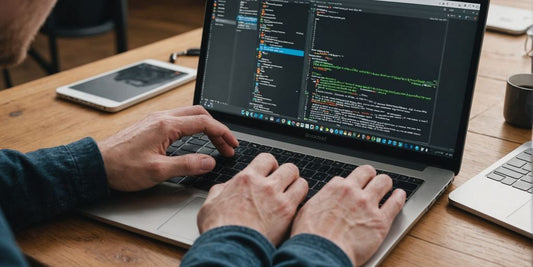 Person using laptop with Android Studio