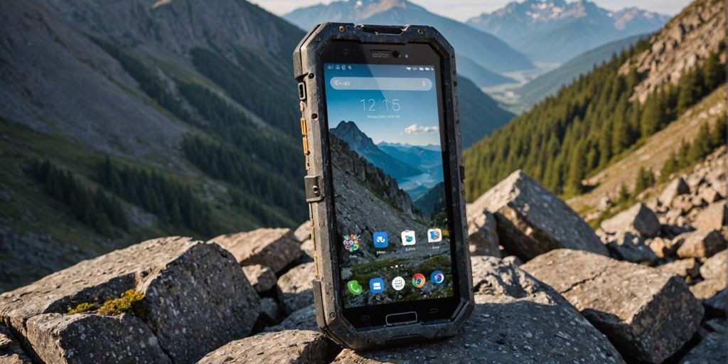 Rugged smartphone on rocky terrain