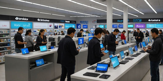 Customers browsing unlocked cell phones in a store