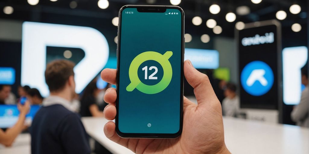 Person holding smartphone with Android 12 logo