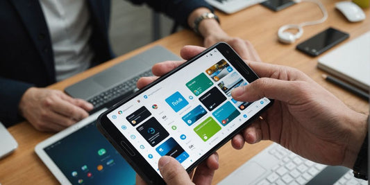 Person using Android phone with tech gadgets around.