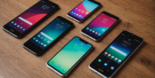 Modern unlocked cell phones on wooden table