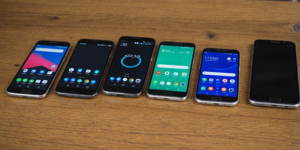 Used Android phones on a wooden table
