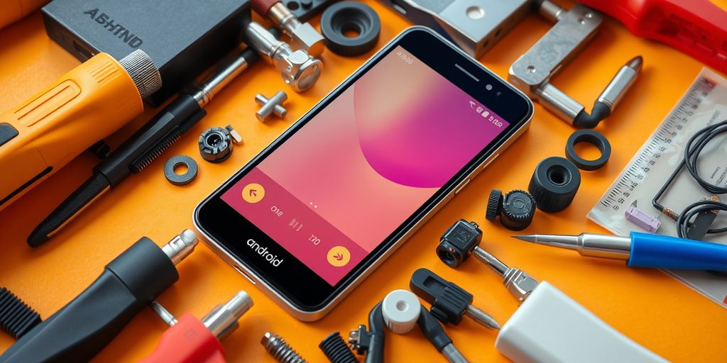 Custom Android phone with tools and components for building.