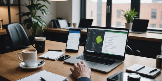 Developer using Android Studio on a laptop