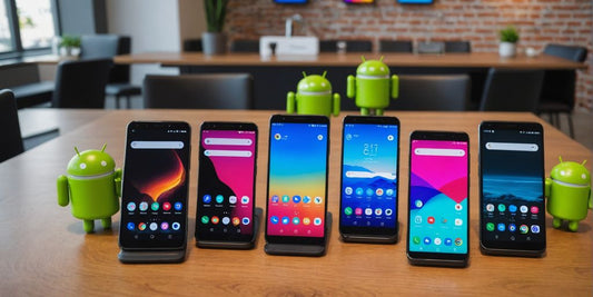 Various Android phones on a modern table.