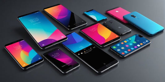 Modern smartphones displayed on a reflective surface