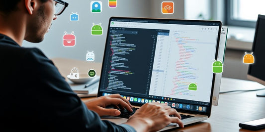 Developer coding Android app on laptop