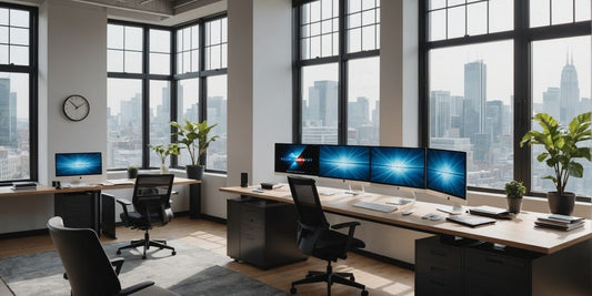 Modern workspace with multiple computer screens.