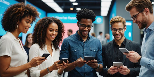 People discussing with smartphones and tablets