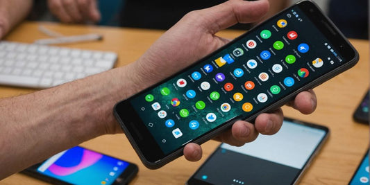 Person holding used Android phone with others on table