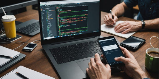 Developer coding Android app with devices