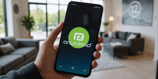 Person holding smartphone with Android 12 logo