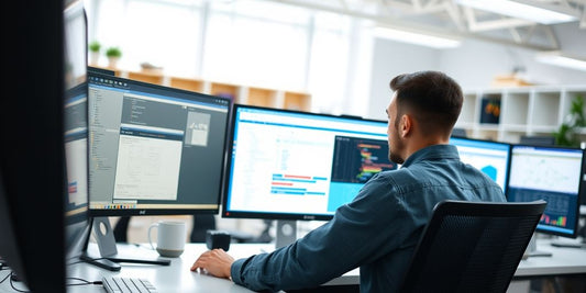 Person using multiple computer monitors