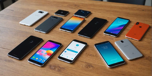 Various modern smartphones on a wooden table.