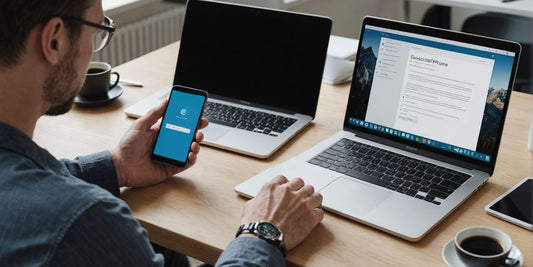 Person using smartphone and laptop together
