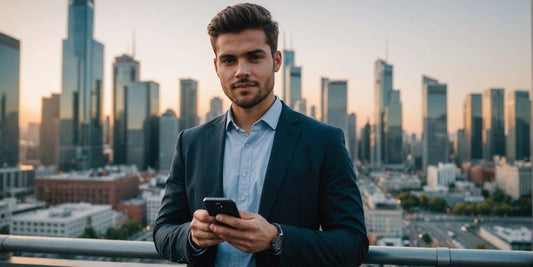 Young professional with smartphone, cityscape background.