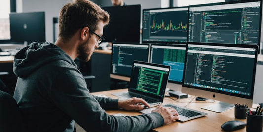 Developer working on Android Studio with devices