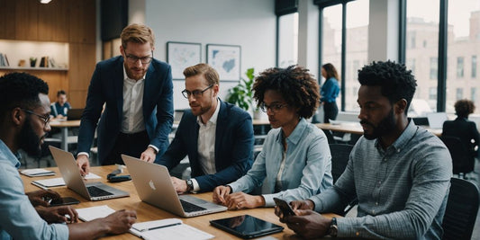 Team collaborating with laptops and smartphones