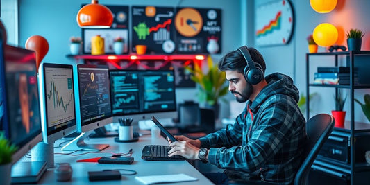 Developer coding an Android app in a modern workspace.