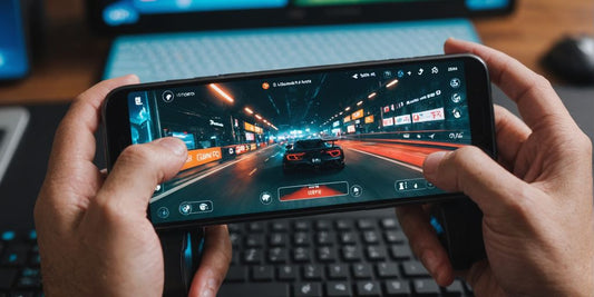 Person holding smartphone with game on screen
