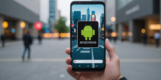 Person holding smartphone with Android 14 logo