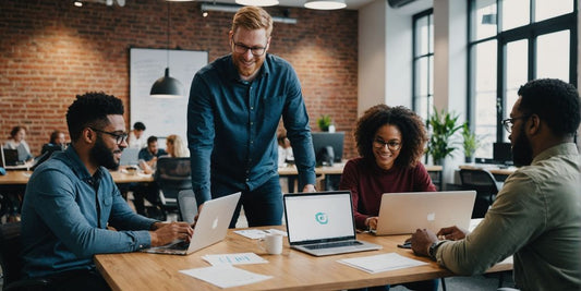 Developers collaborating on project in modern office.