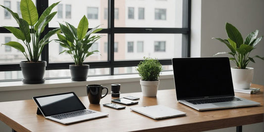 Workspace with smartphone, tablet, laptop, plant, and coffee.