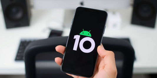 Smartphone displaying Android 10 logo.