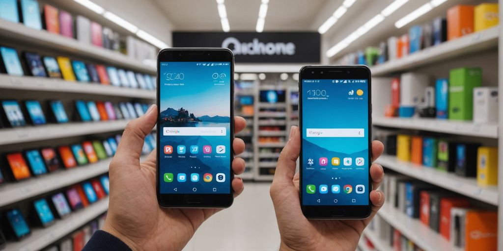 Person holding smartphone in store with phone models.