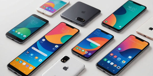 Various modern smartphones on a white surface.