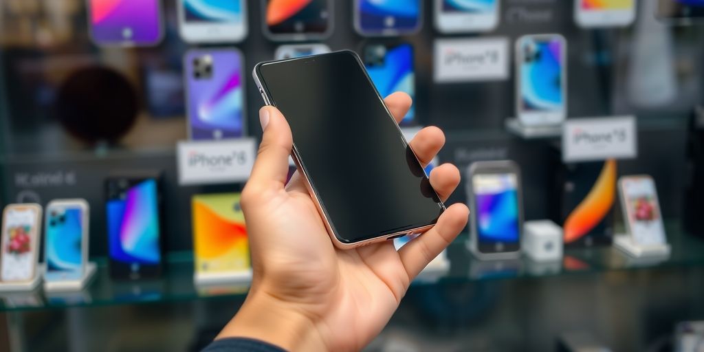 Person holding a modern smartphone in a phone store.
