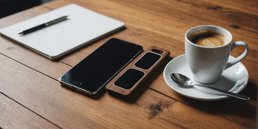 Modern smartphone on table with glasses and coffee