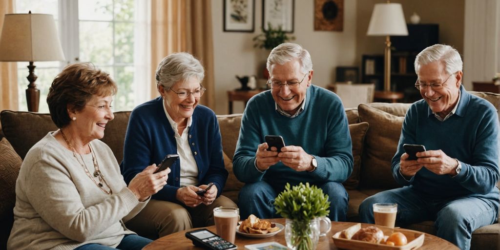 Seniors using consumer cellular phones in a living room