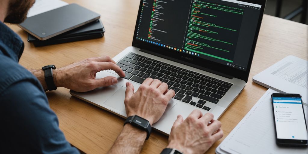 Developer working on Android Studio with a smartphone