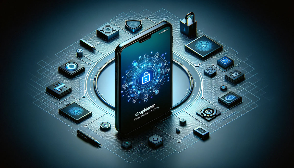 A modern smartphone centered on a dark blue to gray gradient background, displaying the GrapheneOS logo on its screen. Surrounding the phone are symbols of security and privacy, including a digital lock, a shield, and encryption patterns, reflecting the device's focus on security. The design is minimalistic, professional, and modern, with space for text.