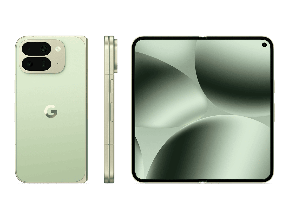 Google Pixel 10 Pro Fold in Jade, official Google folded and unfolded product image