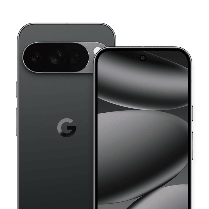 Google Pixel 10 Pro in Obsidian, official Google front and rear product image