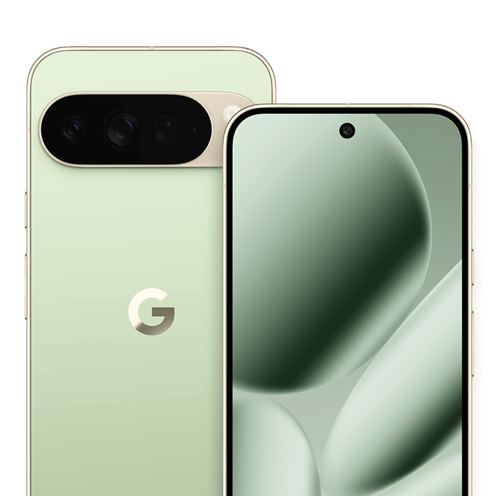 Google Pixel 10 Pro XL in Jade, front and rear; Google manufacturer image