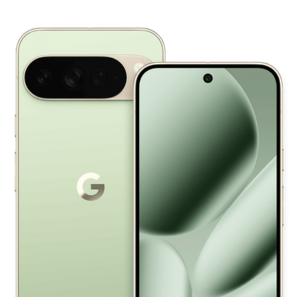 Google Pixel 10 Pro XL in Jade, front and rear; Google manufacturer image