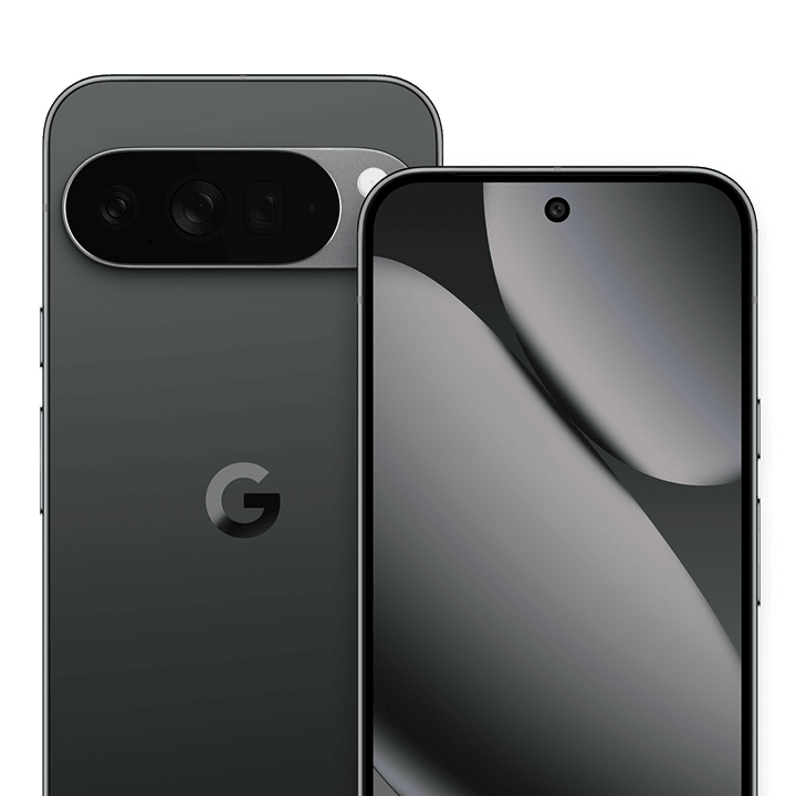 Google Pixel 10 Pro XL in Obsidian, front and rear; Google manufacturer image