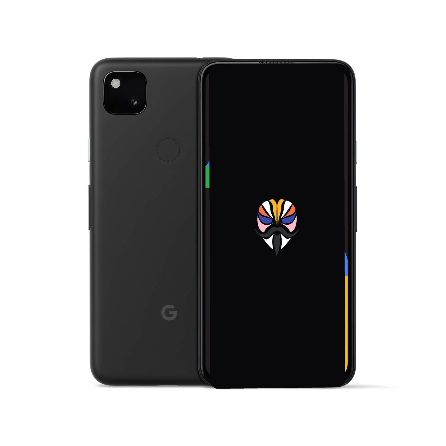 Google Pixel 4a rooted with Magisk — black screen showing the Magisk logo